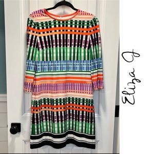 Eliza J Bold Multicolor Geometric Print‎ Dress. 3/4 Length Sleeves. Size 6.